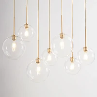 Sculptural 7 Light Chandelier Antique Brass Clear Glass Globe  6.5"