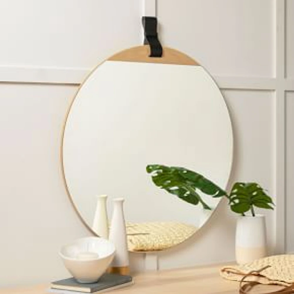 Leather Strap Round Hanging Mirror, 30" Diam