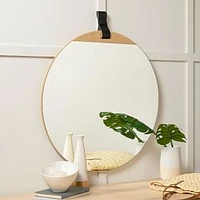 Leather Strap Round Hanging Mirror, 30" Diam