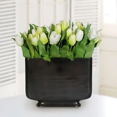 Faux Potted Mixed Tulips, White + Green