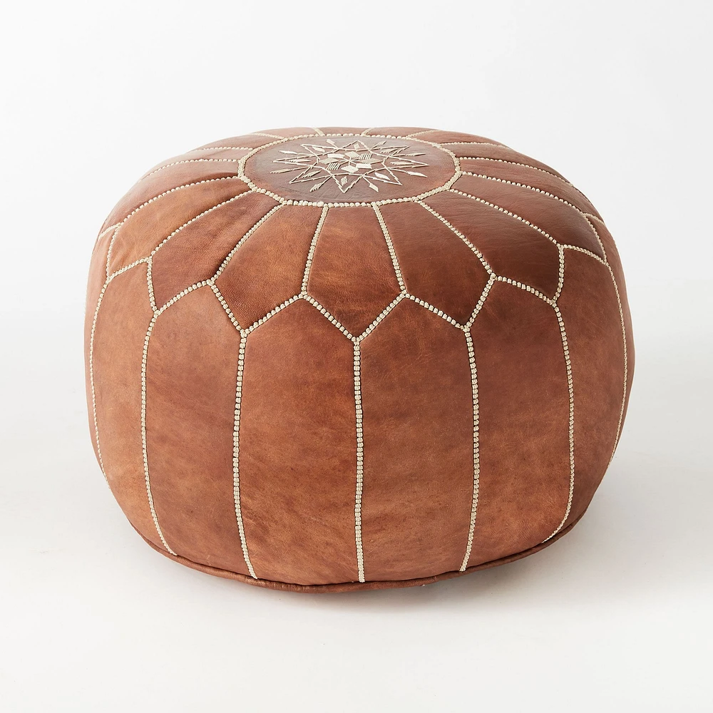 Leather Moroccan Pouf, White, 20"x14"