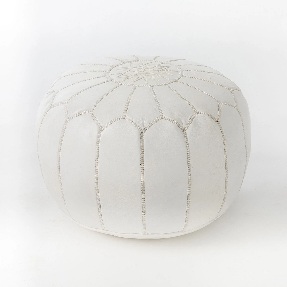Leather Moroccan Pouf, White, 20"x14"