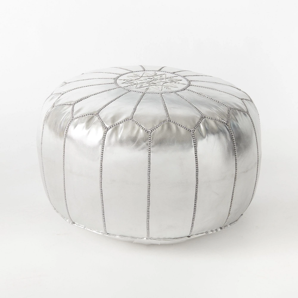 Leather Moroccan Pouf, White, 20"x14"