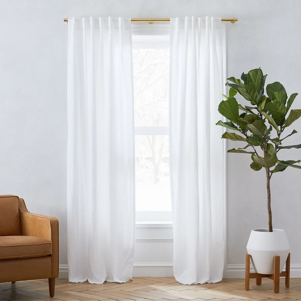 Open Box: Custom Size Solid European Flax Linen Curtain with Cotton Lining, White, 90"x150"