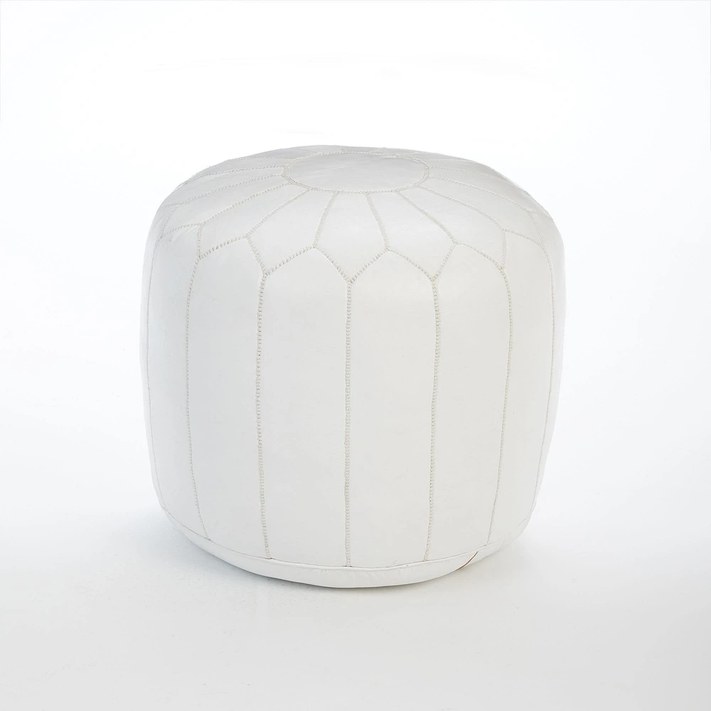 Leather Moroccan Pouf, White, 20"x14"