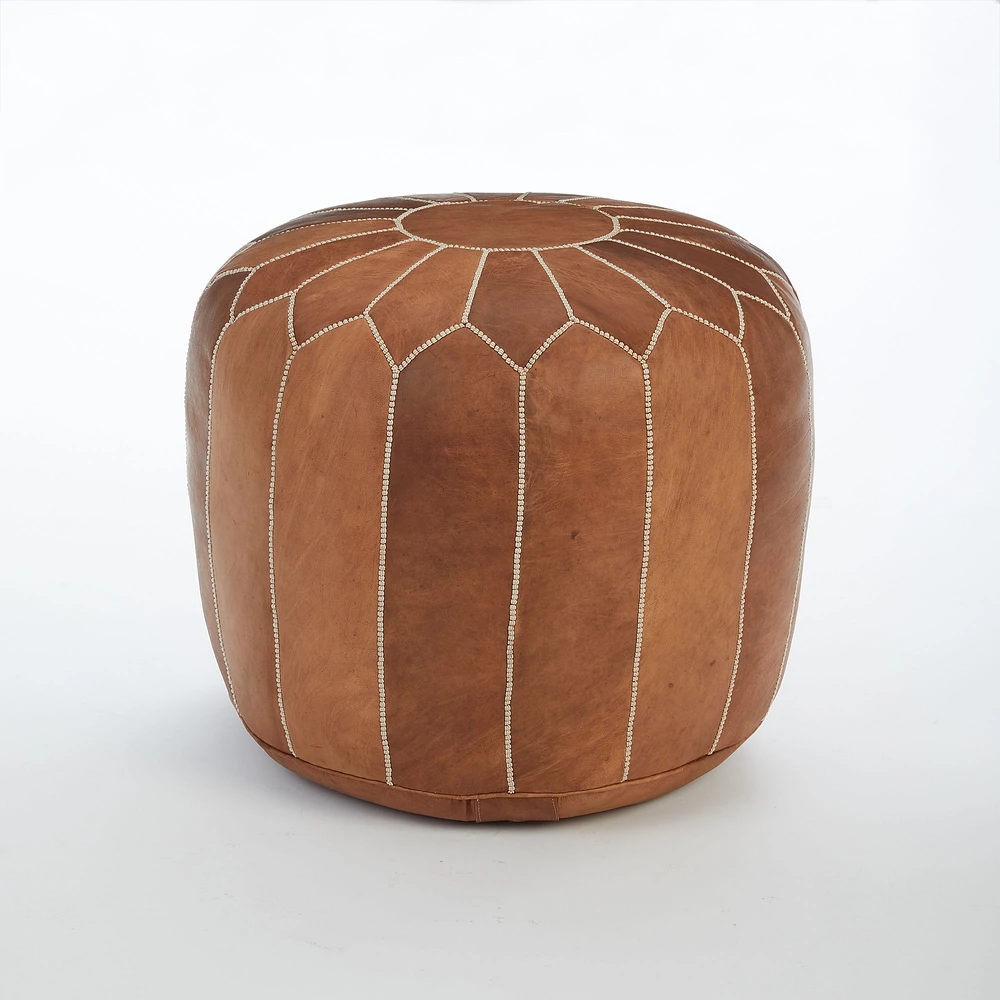 Leather Moroccan Pouf, White, 20"x14"