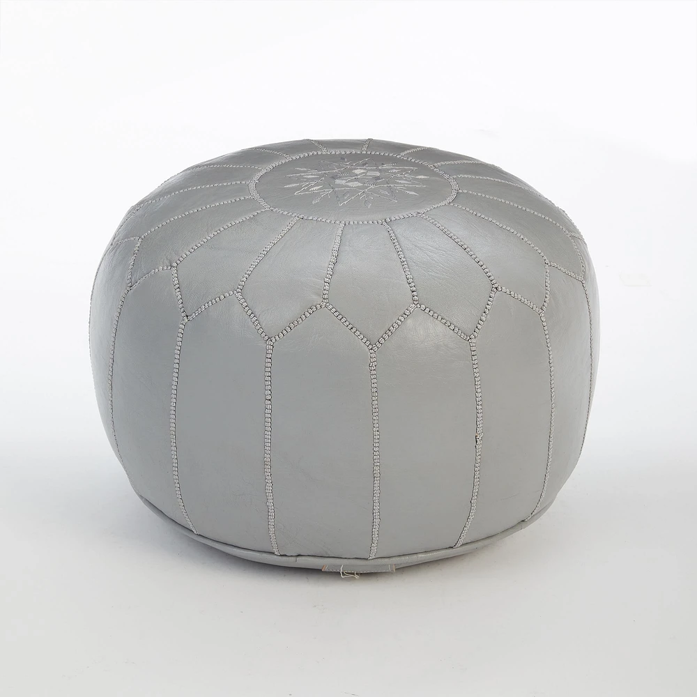 Leather Moroccan Pouf, White, 20"x14"