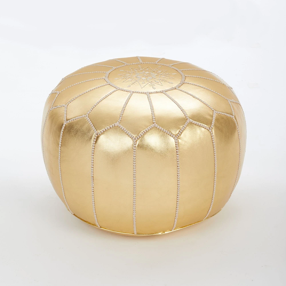Leather Moroccan Pouf, White, 20"x14"