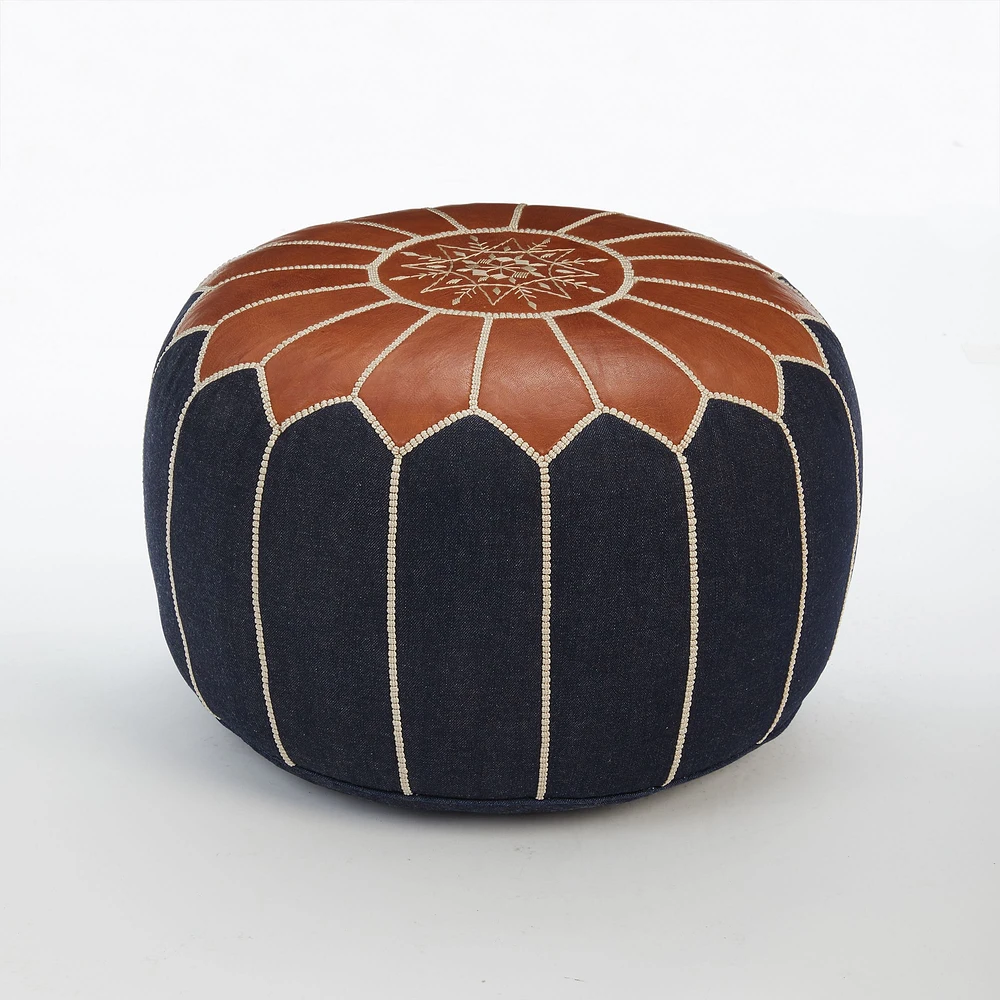 Leather Moroccan Pouf, White, 20"x14"