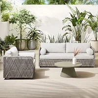 Coastal Outdoor Lounge Set: 76 in Sofa + Lounge Chair, All Weather Wicker, Silverstone + Concrete Pedestal Outdoor 32 in Round Coffee Table, Gray Concrete