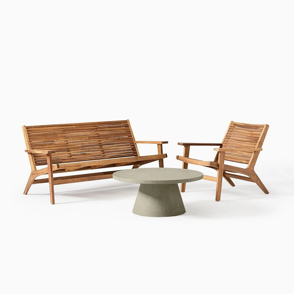 Acadia Acacia /Teak Outdoor Lounge Set: Love Seat + Chair Concrete Pedestal 32 Round Coffee Table, Gray