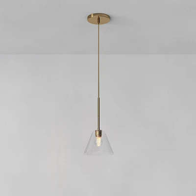 Sculptural Pendant Antique Brass Clear Glass Cone  (8")