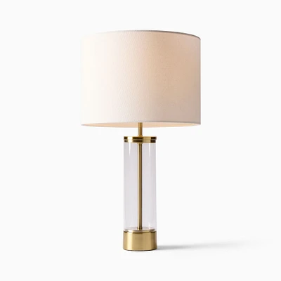 Acrylic Column Table Lamp Antique Brass White Linen (25")