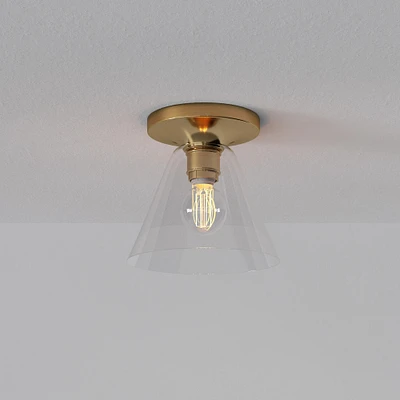 Sculptural Flush Mount Antique Brass Clear Glass Cone  (8")