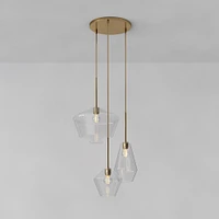 Sculptural 3 Light Chandelier Antique Brass Clear Glass Geo  (8")