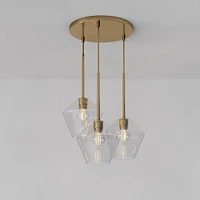 Sculptural 3 Light Chandelier Antique Brass Clear Glass Geo  (8")