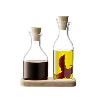 Serve Oil & Vinegar Set and Oak Base, 6in, Clear