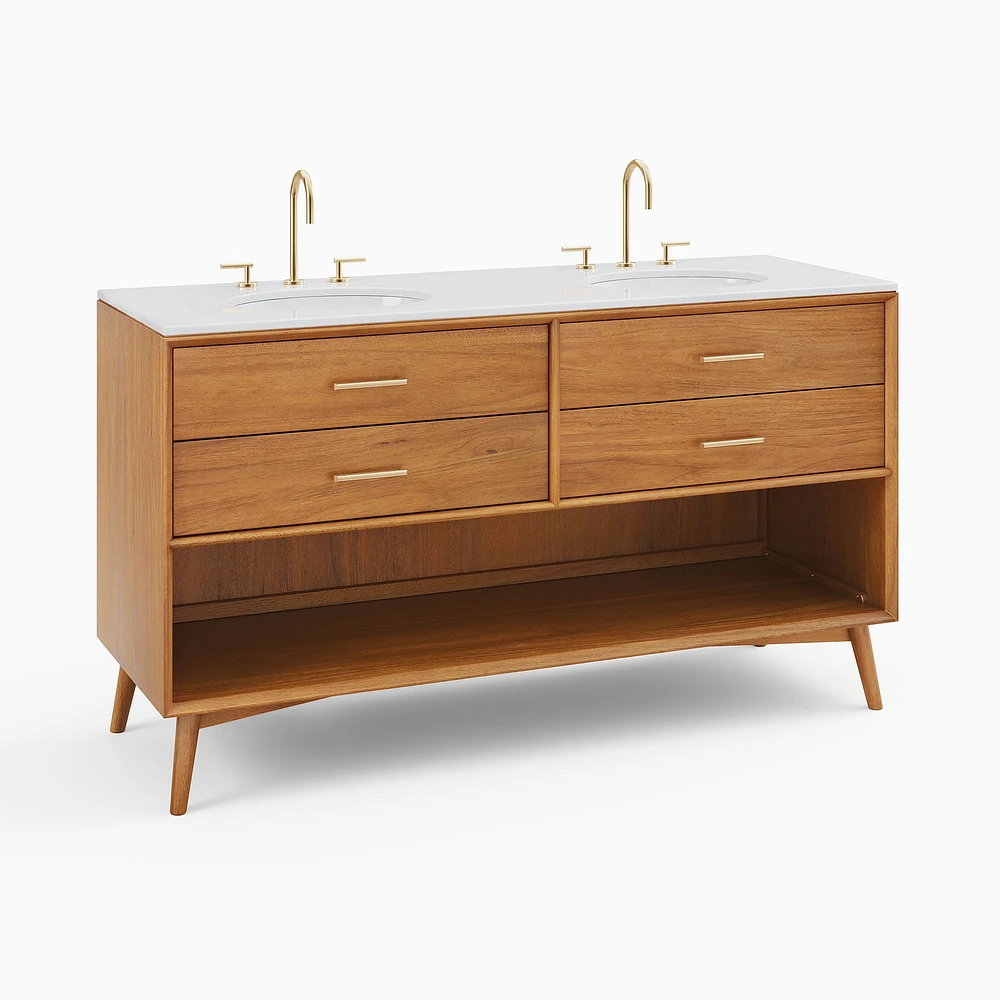 Mid Century 63" Double Open Format Bath Vanity, Acorn, Quartz Top, Antique Brass Hardware