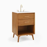 Mid Century 24" Single Open Format Bath Vanity, Acorn, Quartz Top, Antique Brass Hardware