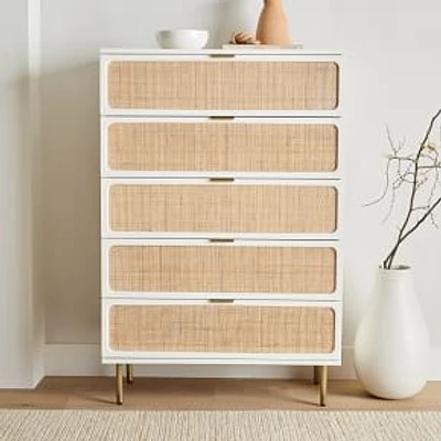 Ida 36" 5-Drawer Dresser, White/Natural, Antique Brass