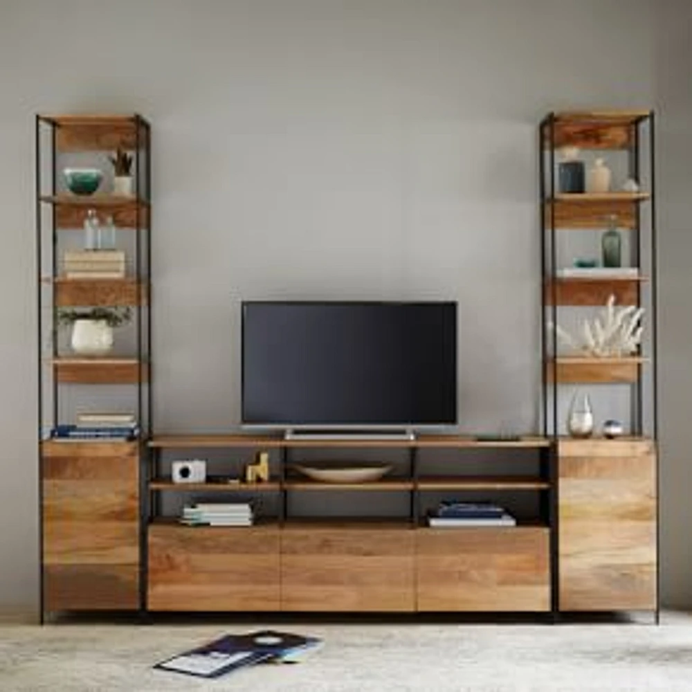 Industrial (67") Media and Set of 2 (17") Open + Closed Bookshelves, Mango