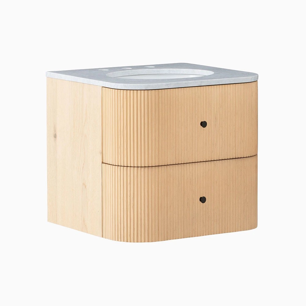 Ellington Single 24" Floating Bath Vanity, Blonde, White Marble Top, Anitque Brass Hardware