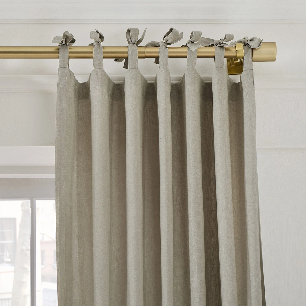 Open Box:European Flax Linen
  Curtain with Tie Top and Blackout Liner, Olive Melange, 48x84