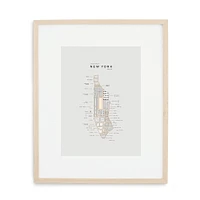 New York City Letterpressed Map Print, Natural Frame, 16"x20"