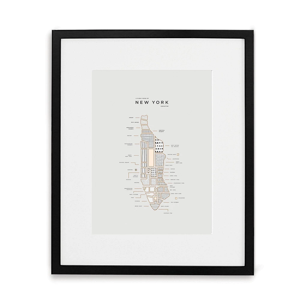 New York City Letterpressed Map Print, Natural Frame, 16"x20"