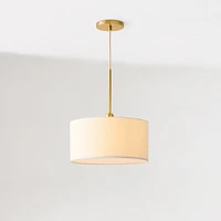 Short Drum Pendant, 16", White Linen, Antique Brass Cordset