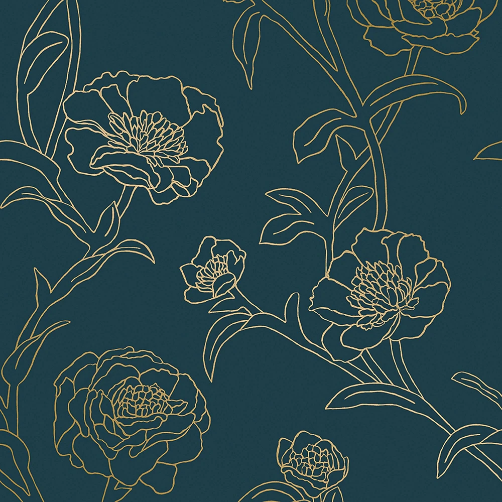 Peonies Wallpaper, Peacock Blue and Gold, 28 sq ft