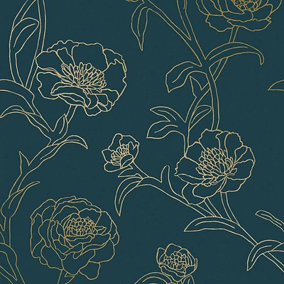 Peonies Wallpaper, Peacock Blue and Gold, 28 sq ft