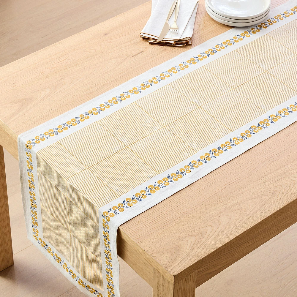 Tamara Block-printed Linen Runner, Daffodil