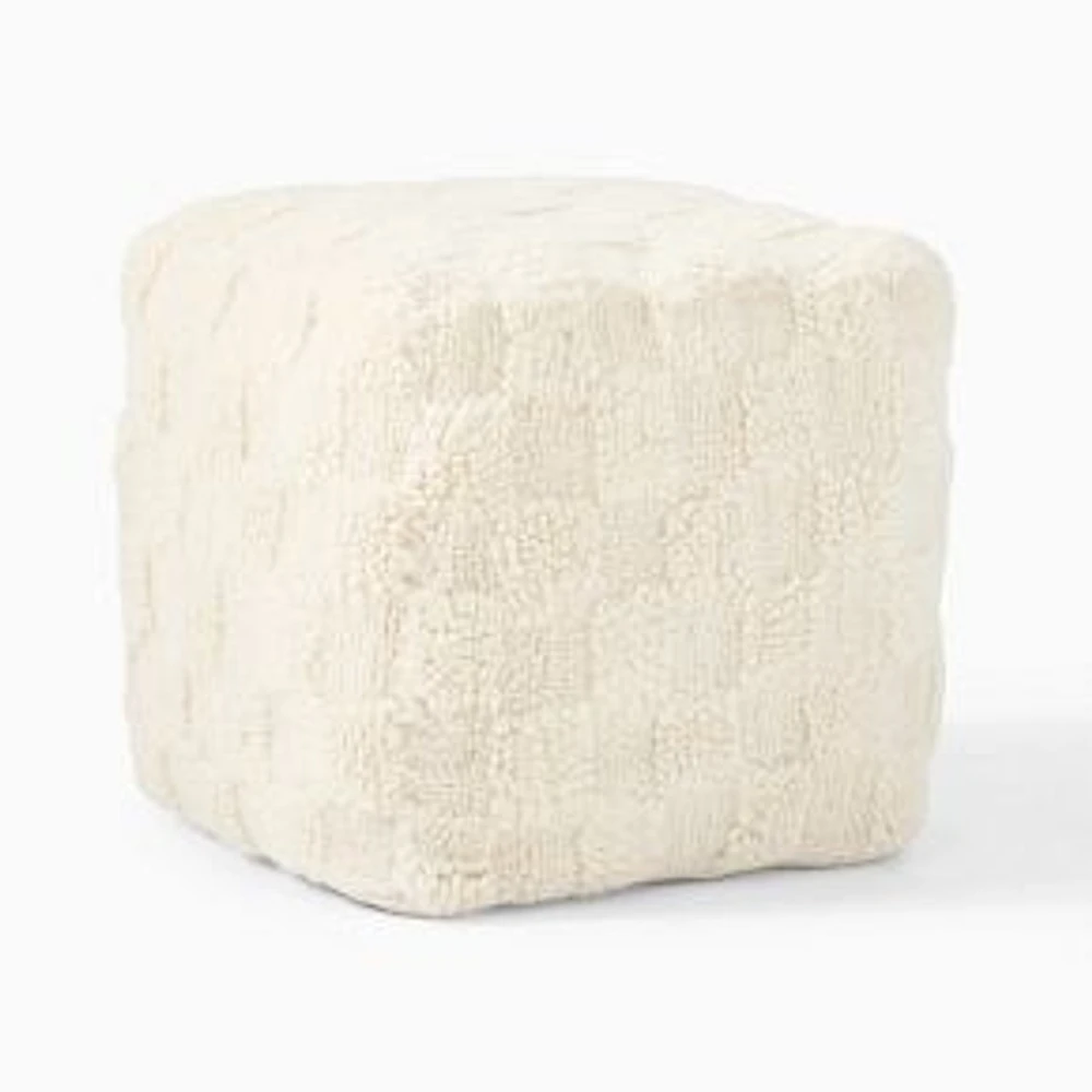 Checkerboard Shag Pouf, Alabaster, 18x18x18