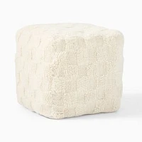 Checkerboard Shag Pouf, Alabaster, 18x18x18