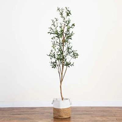 Faux Olive Tree with Handmade Jute Basket, 7'