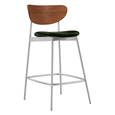 Modern Petal Wood Upholstered Counter Stool, Saddle Leather, Nut, Dark Bronze