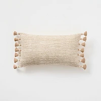 Two Tone Chunky Linen Tassels Pillow Cover, 12"x21", White