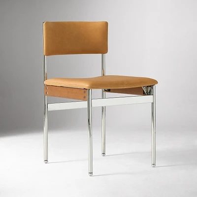 Keaton Dining Chair, Single, Ludlow Leather, Sesame, Polished Stainless Steel