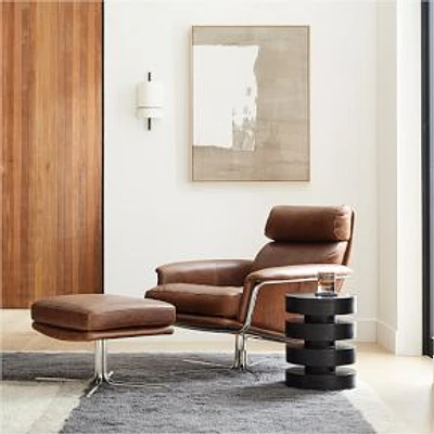 Kristoff Swivel Chair + Ottoman Set Poly Weston Leather Molasses Polished Stainless Steel