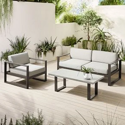 Portside Outdoor Lounge Set: Portside Aluminum Outdoor 72" Sofa, DB + Portside Aluminum Outdoor Lounge Chair, DB + Portside Aluminum Outdoor Concrete 50.5" Rectangle Coffee Table, DB