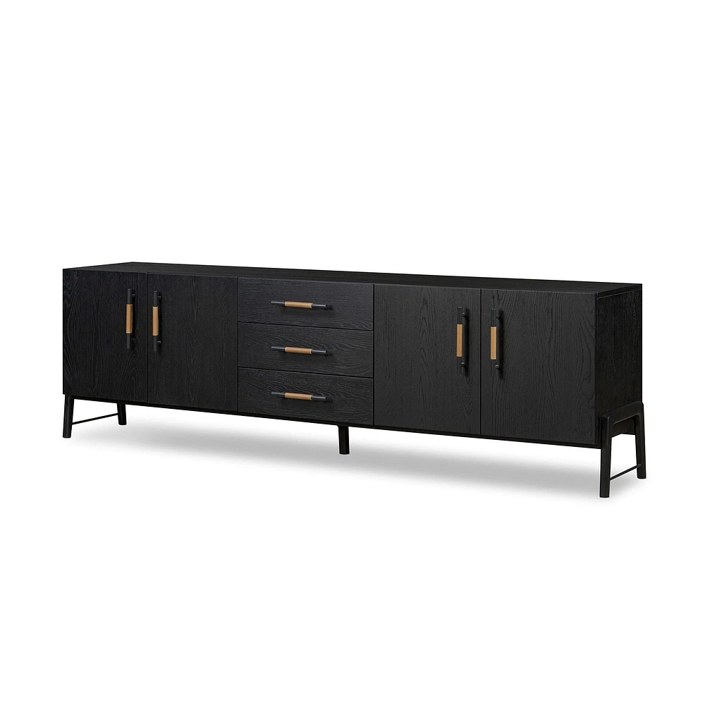 Magnolia Media Console, Ebony Oak Veneer, Chaps Sand, Gunmetal