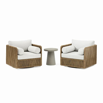 Coastal Outdoor Lounge Set: Swivel Chair, All Weather Wicker, Natural + Concrete Pedestal 18 Round Side Table, Gray