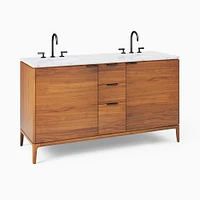 Parker Double 63" Bath Vanity, Cool Walnut, White Marble Top, Antique Brass Hardware