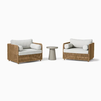 Coastal Outdoor Lounge Set: Chair, All Weather Wicker, Natural + Concrete Pedestal 18 Round Side Table, Gray