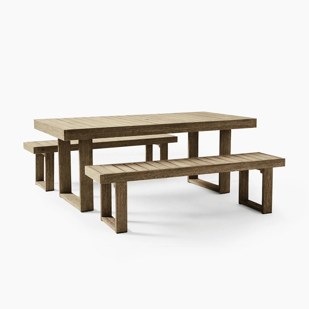 Portside Outdoor Dining Set: 76.5 Rectangle Table, Driftwood + Bench, 66",