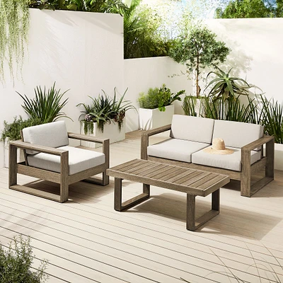 Portside Outdoor Lounge Set: 65 Loveseat, Weathered Gray + Chair, 50.5 Rectangle Coffee Table,