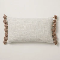 Two Tone Chunky Linen Tassels Pillow Cover, 12"x21", White