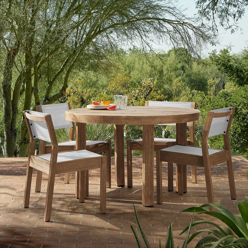 Portside Outdoor Dining Set: 48 Round Table, Weathered Gray + Chair, S/2 Stacking