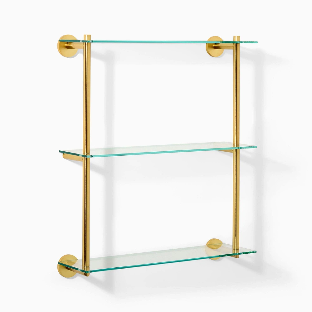 Modern Overhang Triple Glass Shelf, Antique Brass